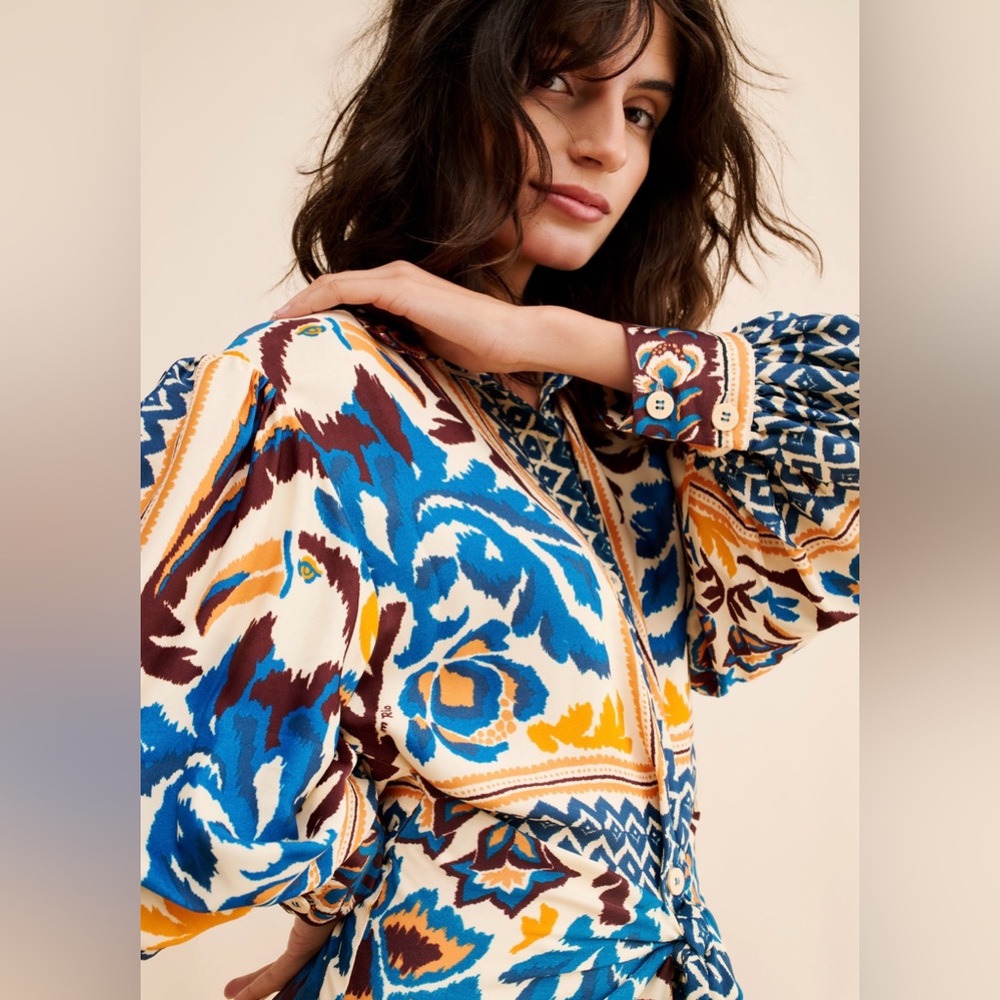 Farm Rio / New Toucan Scarf Sand Midi Dress / Boho Elegant Maxi Dress - Picture 3 of 3